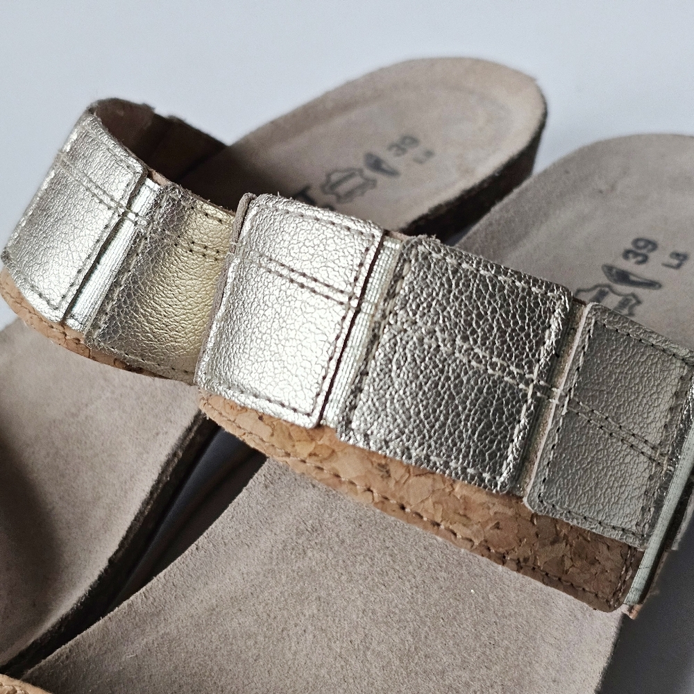 NAOT Royalty Cork Banded Wedge Slide Sandals Gold EU 39 US 8 Comfort - Picture 9 of 14